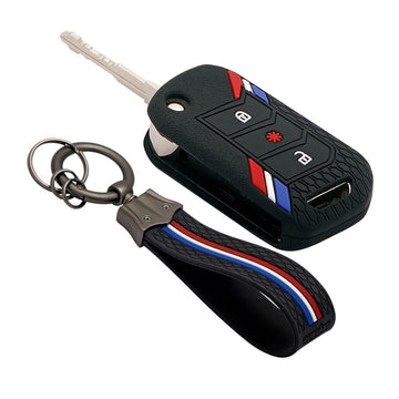Keyzone striped key cover and keychain fit for Thar, Bolero, Scorpio, XUV700, XUV400, XUV3x0, XUV300, TUV300, Marazzo flip key (KZS-14, KZS-Keychain)