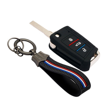 Keyzone striped key cover and keychain fit for : Virtus, Tiguan, T-roc, Taigun, New Jetta 3 button flip key (KZS-17, KZS-Keychain)