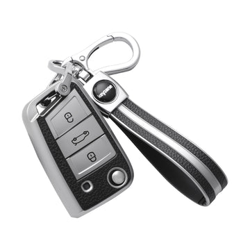 Keyzone leather TPU key cover & keychain fit for: Slavia, Karoq, Octavia, Superb, Kodiaq, Kushaq 3 button flip key (LTPU44, LTPU Keychain)