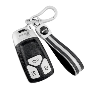 Keyzone leather TPU key cover & keychain compatible for Audi Q5, A5, A8, Q7, A4, A6 3 button smart key (LTPU47, LTPU Keychain)
