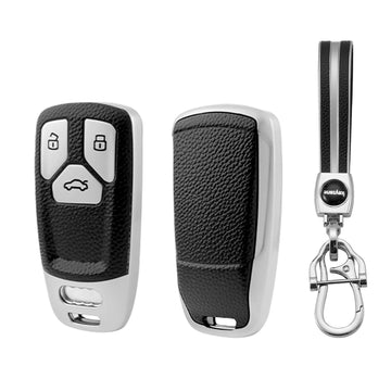 Keyzone leather TPU key cover & keychain compatible for Audi Q5, A5, A8, Q7, A4, A6 3 button smart key (LTPU47, LTPU Keychain)