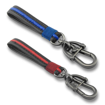 Keycare car leather keychain metal alloy buckle key holder keyring organiser 2 pack combo (Full Leather Black Red + Black Blue)