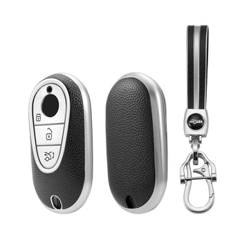 Keyzone Leather TPU Key Cover and keychain Compatible for Mercedes Benz S-Class G-Class E-Class 2022 Onwards 3 Button Smart Key (LTPU71_LTPUKeychain)