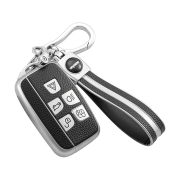 Keyzone Leather TPU Key Cover and Keychain Compatible for Jaguar / Range Rover Evoque Velar Discovery LR4 Land Rover Sport XF XJ XE F-PACE F-Type 5 Button Smart Key (LTPU72_LTPUKeychain)