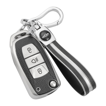 Keyzone Leather TPU Key Cover and Keychain compatible for Tata Nexon Harrier Altroz Punch Safari Tigor Tiago Zest Bolt 3 button flip key (LTPU29_LTPUKeychain)