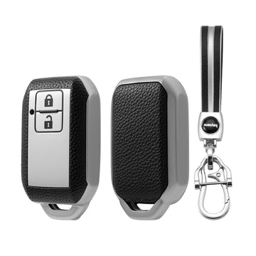 Keyzone Leather TPU Key Cover and keychain compatible for Glanza, Urban Cruiser Hyryder, Rumion 2 button smart key (LTPU05_LTPUKeychain)
