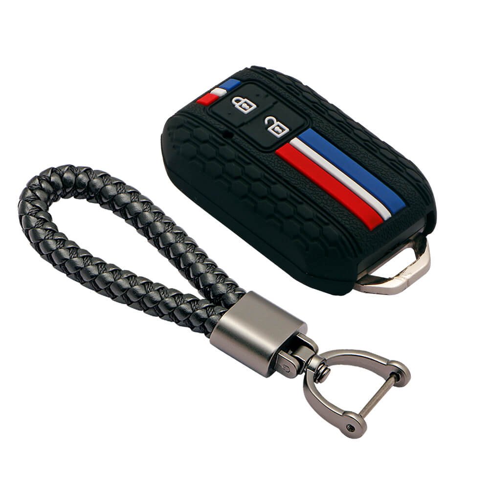 Keyzone striped key cover and keychain fit for : Glanza, Urban Cruiser Hyryder, Rumion 2 button smart key (KZS-01, Leather Thread Keychain) - Keyzone