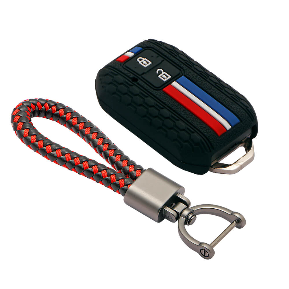 Keyzone striped key cover and keychain fit for : Glanza, Urban Cruiser Hyryder, Rumion 2 button smart key (KZS-01, Leather Thread Keychain) - Keyzone