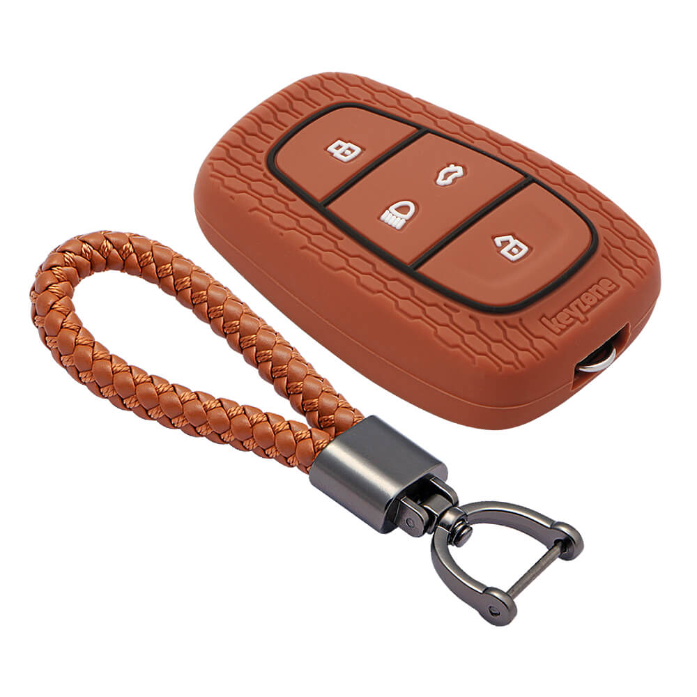 Keyzone striped key cover and keychain fit for : Tata Nexon, Altroz, Harrier, Tigor Bs6, Safari Gold, Punch, Tigor Ev, Safari 2021 4 button smart key (KZS-02, Leather Thread Keychain) - Keyzone