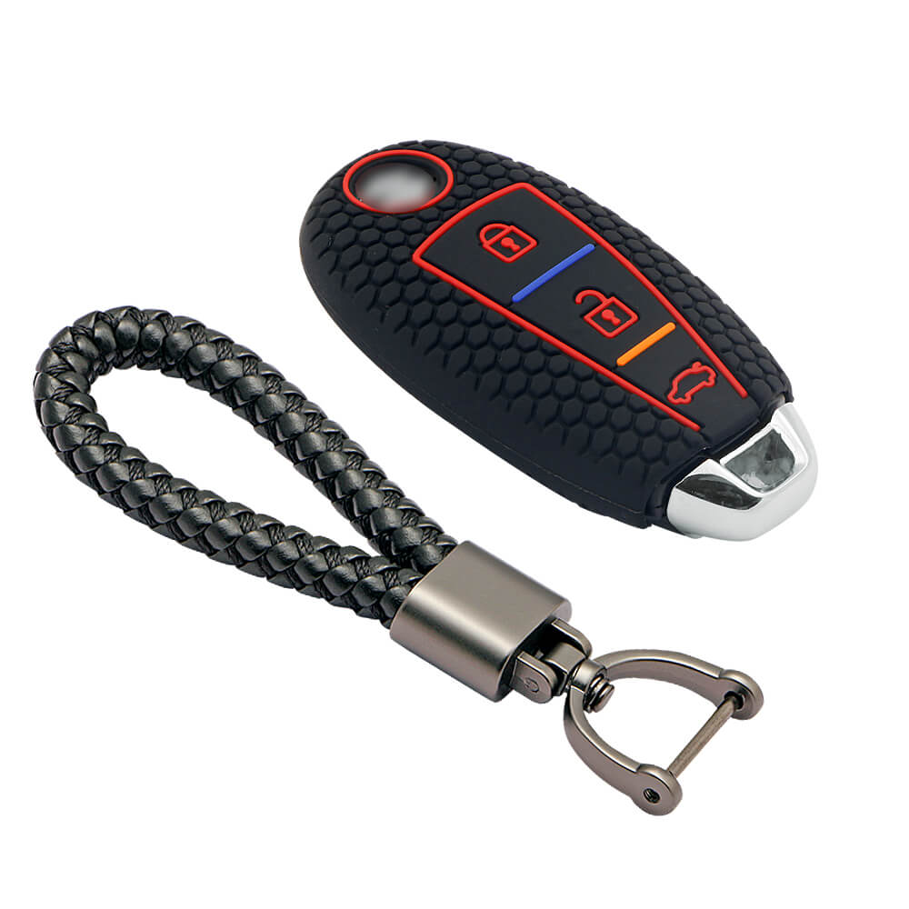 Keycare silicone key cover and keychain fit for : Ciaz, Baleno, S-cross, Vitara Brezza, Ignis, Swift, Ertiga 3b smart key (KC-04, Leather Thread keychain) - Keyzone
