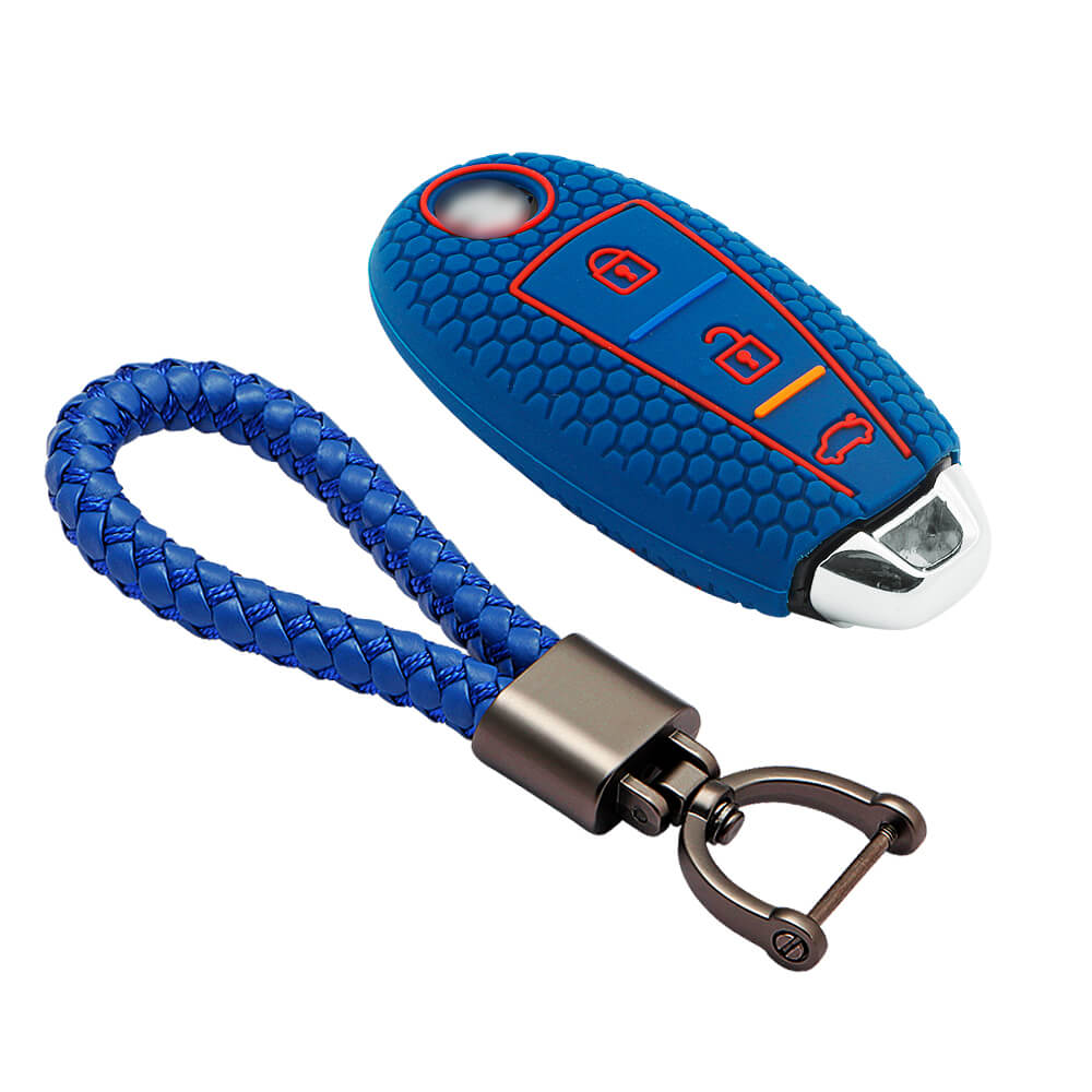 Keycare silicone key cover and keychain fit for : Ciaz, Baleno, S-cross, Vitara Brezza, Ignis, Swift, Ertiga 3b smart key (KC-04, Leather Thread keychain) - Keyzone