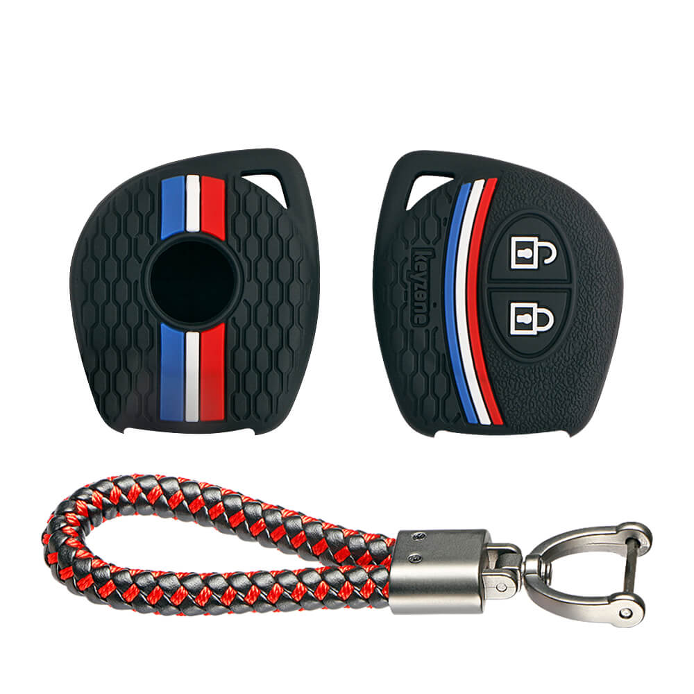Keyzone striped cover & keychain for: Fronx,Jimny,Swift, Dzire, XL6, Ignis,Grand Vitara, Brezza,Wagonr, Vitara Brezza, Celerio, Ertiga, Ciaz, Scross,Baleno,Alto, SPresso,Glanza, Urban Cruiser, Hyryder 2b remote key (KZS-04, Leather Thread Keychain) - Keyzone