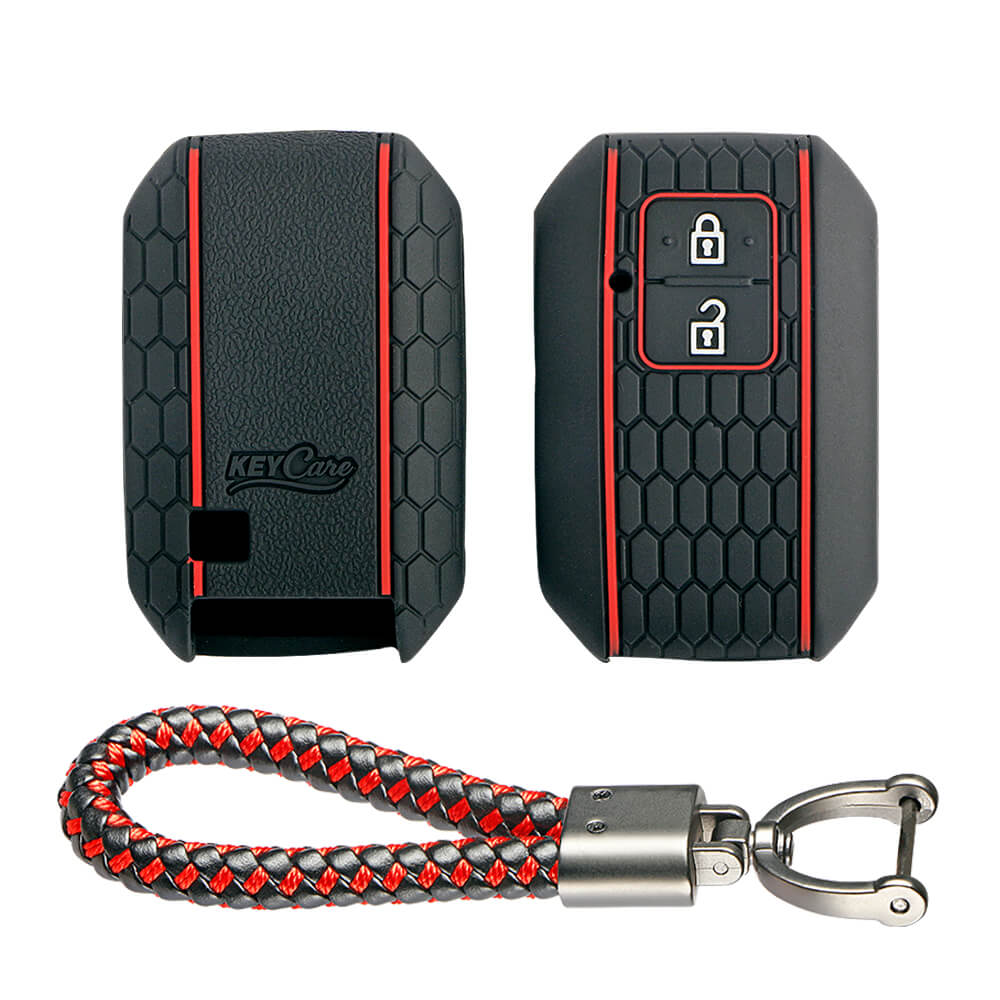 Keycare silicone key cover and keyring fit for : Glanza, Urban Cruiser Hyryder, Rumion 2 button smart key (KC-05, Leather Thread Keyring) - Keyzone