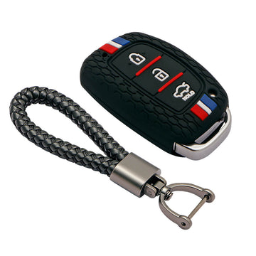 Keyzone striped key cover and keychain fit for : Exter, Creta, Elite I20, Active I20, Aura, Verna 4s, Xcent, Tucson, Elantra 3 button smart key (KZS-05, Leather Thread Keychain)