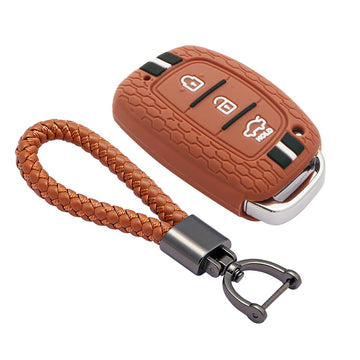 Keyzone striped key cover and keychain fit for : Exter, Creta, Elite I20, Active I20, Aura, Verna 4s, Xcent, Tucson, Elantra 3 button smart key (KZS-05, Leather Thread Keychain)