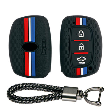 Keyzone striped key cover and keychain fit for : Exter, Creta, Elite I20, Active I20, Aura, Verna 4s, Xcent, Tucson, Elantra 3 button smart key (KZS-05, Leather Thread Keychain)