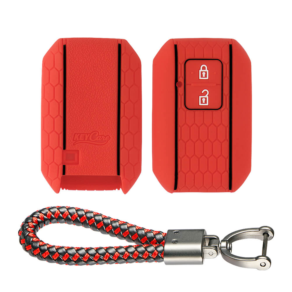 Keycare silicone key cover and keyring fit for : Glanza, Urban Cruiser Hyryder, Rumion 2 button smart key (KC-05, Leather Thread Keyring) - Keyzone