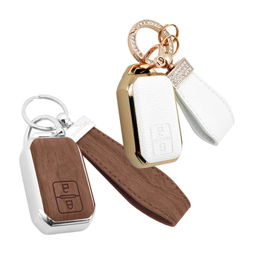 Keyzone Combo Pack – Woodgrain & Litchi Leather TPU Key Covers & Keychain (WDTP05 & BLTP05) for Victoris, Baleno, Jimny, Swift, Ertiga, Grand Vitara, XL6, Brezza, Fronx, Dzire, Glanza, Urban Cruiser Hyryder 2 Button Smart Key