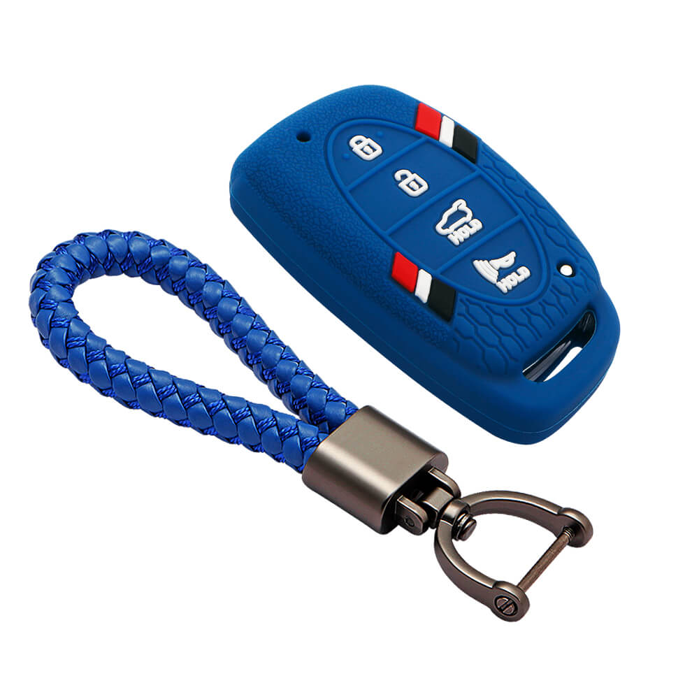 Keyzone striped key cover and keychain fit for : Venue, Elantra, Tucson, I20 N Line 2021, Creta 2020, i20 2020 Hyundai 4 button smart key (KZS06, Leather Thread Keychain) - Keyzone