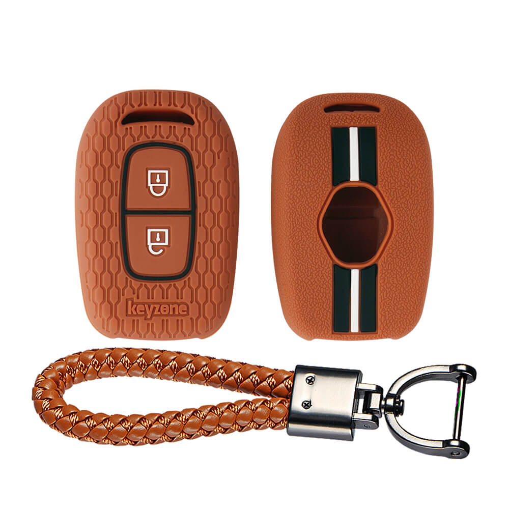 Keyzone striped key cover and keychain fit for : Kwid, Duster, Triber, Kiger remote key (KZS-07, Leather Thread keychain))