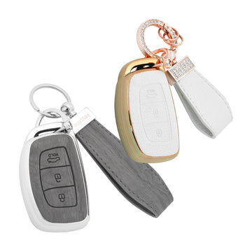 Keyzone Combo Pack – Woodgrain & Litchi Leather TPU Key Covers & Keychain (WDTP07 & BLTP07) for Exter, Creta, i20, Aura, Xcent, Tucson, Elantra, Verna, Grand i10 3 Button Smart Key