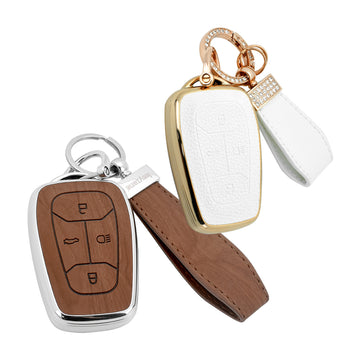Keyzone Combo Pack – Woodgrain & Litchi Leather TPU Key Covers & Keychain (WDTP08 & BLTP08) for Nexon, Harrier, Safari, Altroz, Punch, Tigor Smart Key
