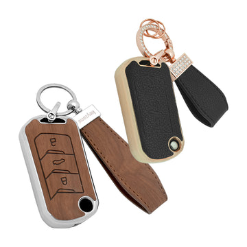 Keyzone Combo Pack – Woodgrain & Litchi Leather TPU Key Covers & keychain for Thar, Thar Roxx, Bolero, Scorpio, XUV700, XUV400, XUV3X0, XUV300, TUV300, Marazzo flip key