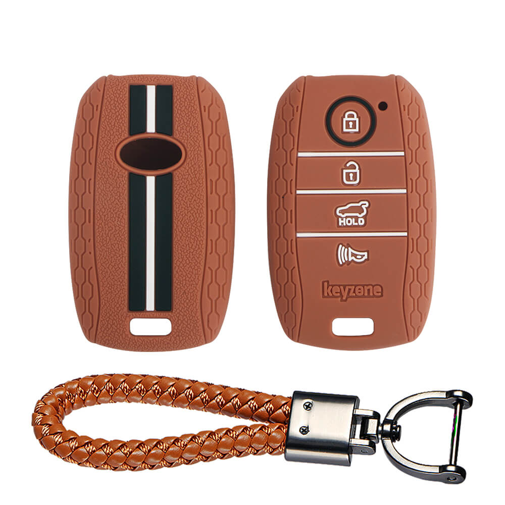 Keyzone striped key cover and keychain fit for : Seltos 4 button smart key (KZS-10, Leather Thread Keychain) - Keyzone