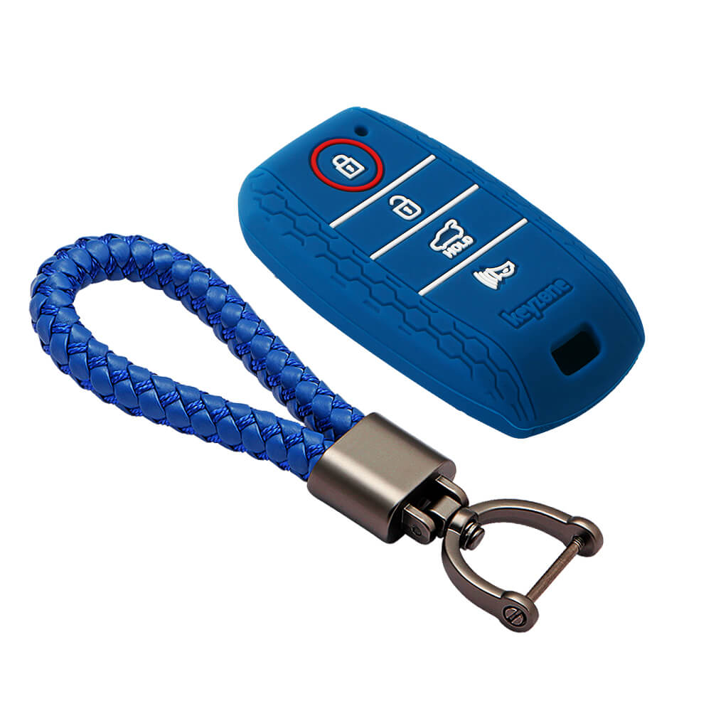 Keyzone striped key cover and keychain fit for : Seltos 4 button smart key (KZS-10, Leather Thread Keychain) - Keyzone