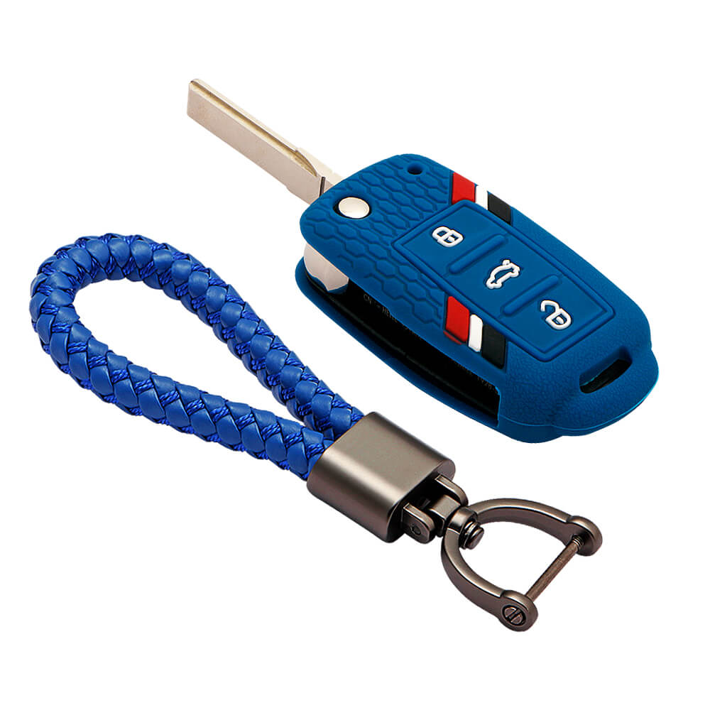 Keyzone striped key cover and keychain fit for : Polo, Vento, Jetta, Ameo 3b flip key (KZS-11, Leather Thread Keychain) - Keyzone
