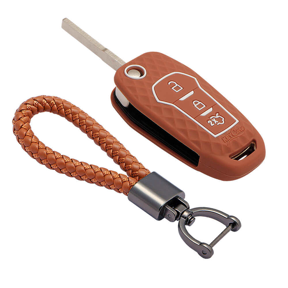 Keycare silicone key cover and keyring fit for : Ford Figo Aspire, Endeavour flip key (KC-12, Leather Thread Keychain) - Keyzone