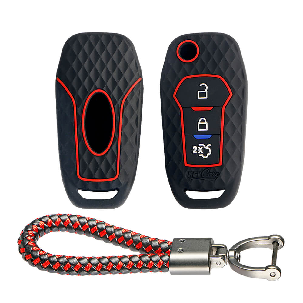 Keycare silicone key cover and keyring fit for : Ford Figo Aspire, Endeavour flip key (KC-12, Leather Thread Keychain)