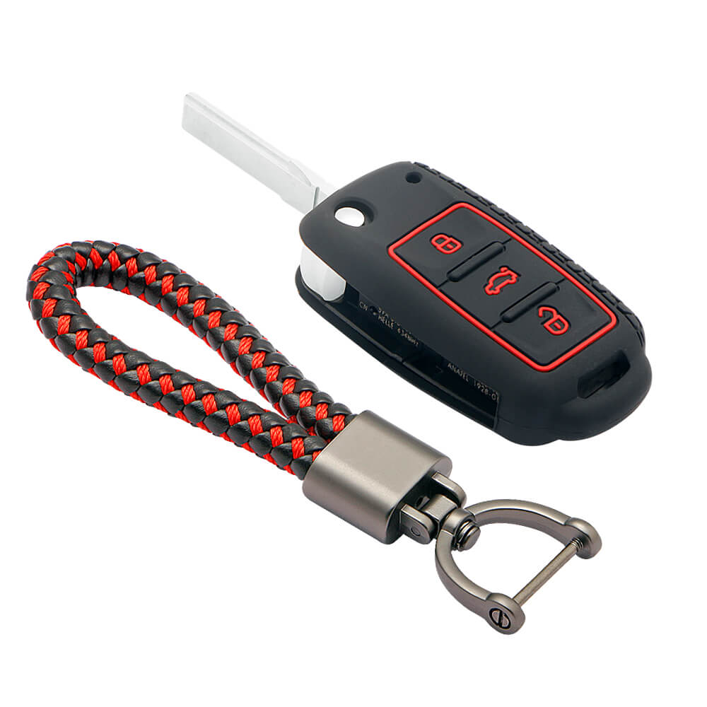 Keycare silicone key cover and keyring fit for : Polo, Vento, Jetta, Ameo 3b flip key (KC-13, Leather Thread Keyring) - Keyzone
