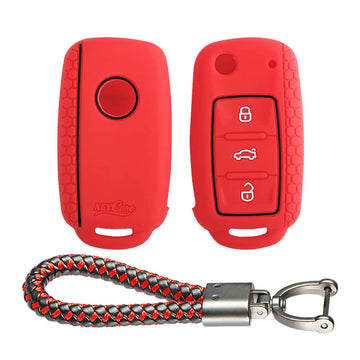 Keycare silicone key cover and keyring fit for : Polo, Vento, Jetta, Ameo 3b flip key (KC-13, Leather Thread Keyring) - Keyzone