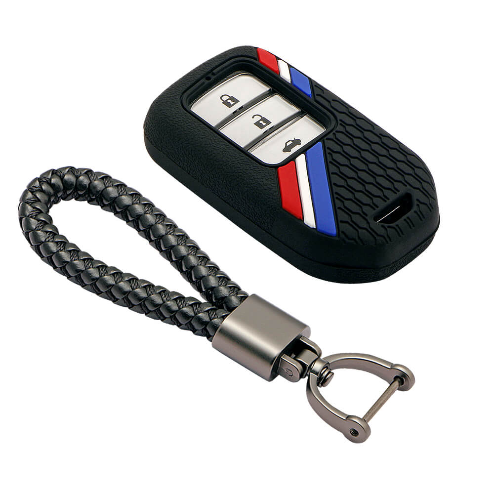 Keyzone striped key cover and keychain fit for : Honda City, Elevate, Civic, Jazz, Brio, Amaze, CR-V, WR-V, BR-V, Mobilio, Accord 2b/3b/4b/5b Smart Key (KZS-15, Leather Thread Keychain) - Keyzone