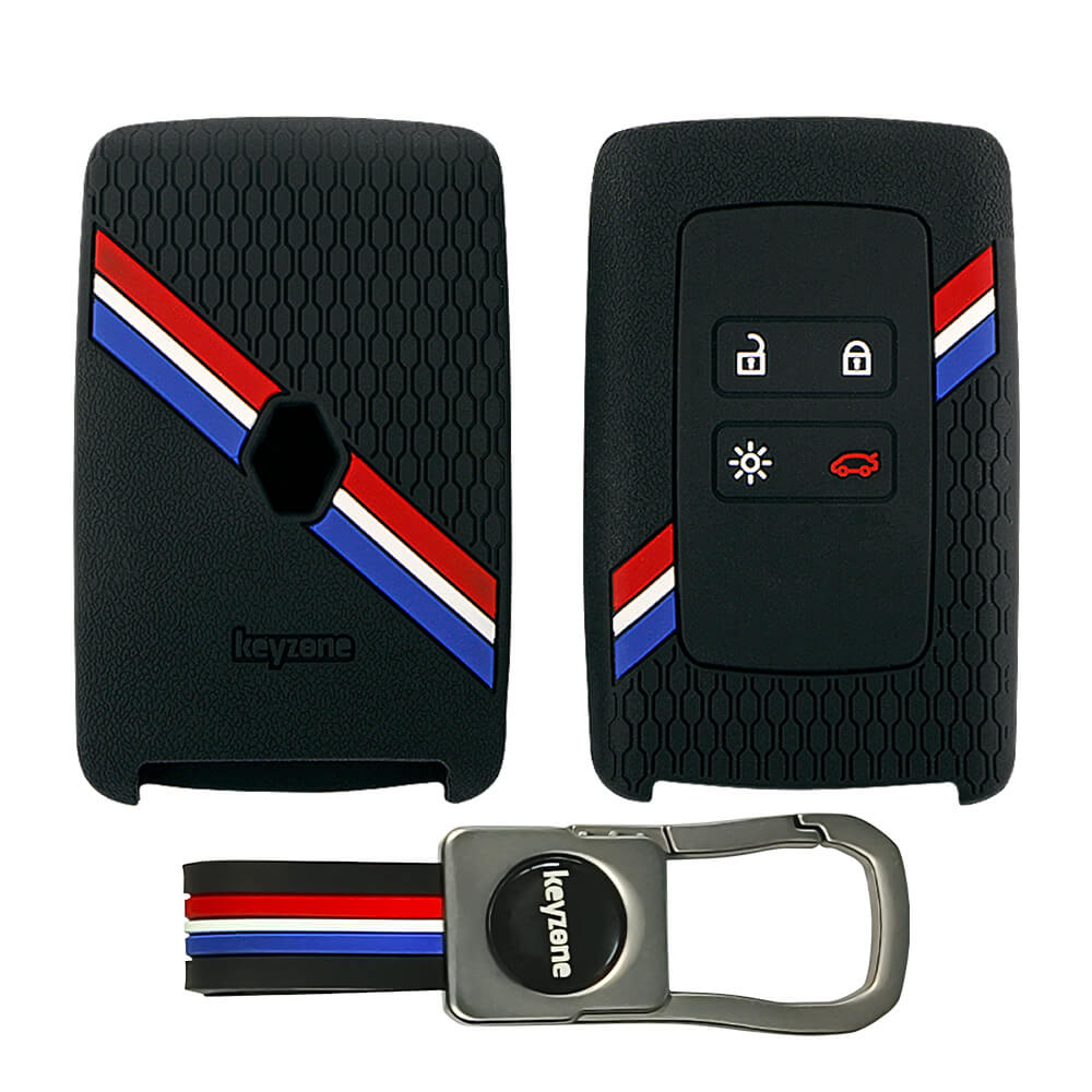 Keyzone striped silicone key cover & metal striped keyring for Renault Triber, Kiger Smart Card (KZS-16,KZMTKC)