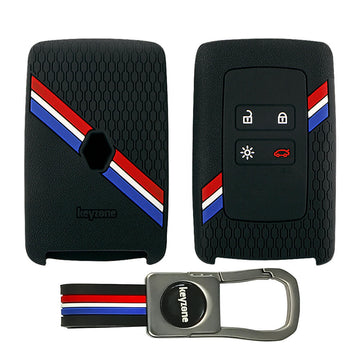 Keyzone striped silicone key cover & metal striped keyring for Renault Triber, Kiger Smart Card (KZS-16,KZMTKC)