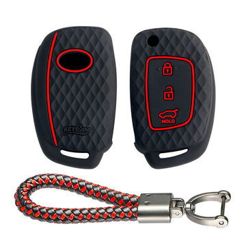 Keycare silicone key cover and keyring fit for : I20, Verna, Xcent (2012-14) flip key (KC-16, Leather Thread Keychain) - Keyzone