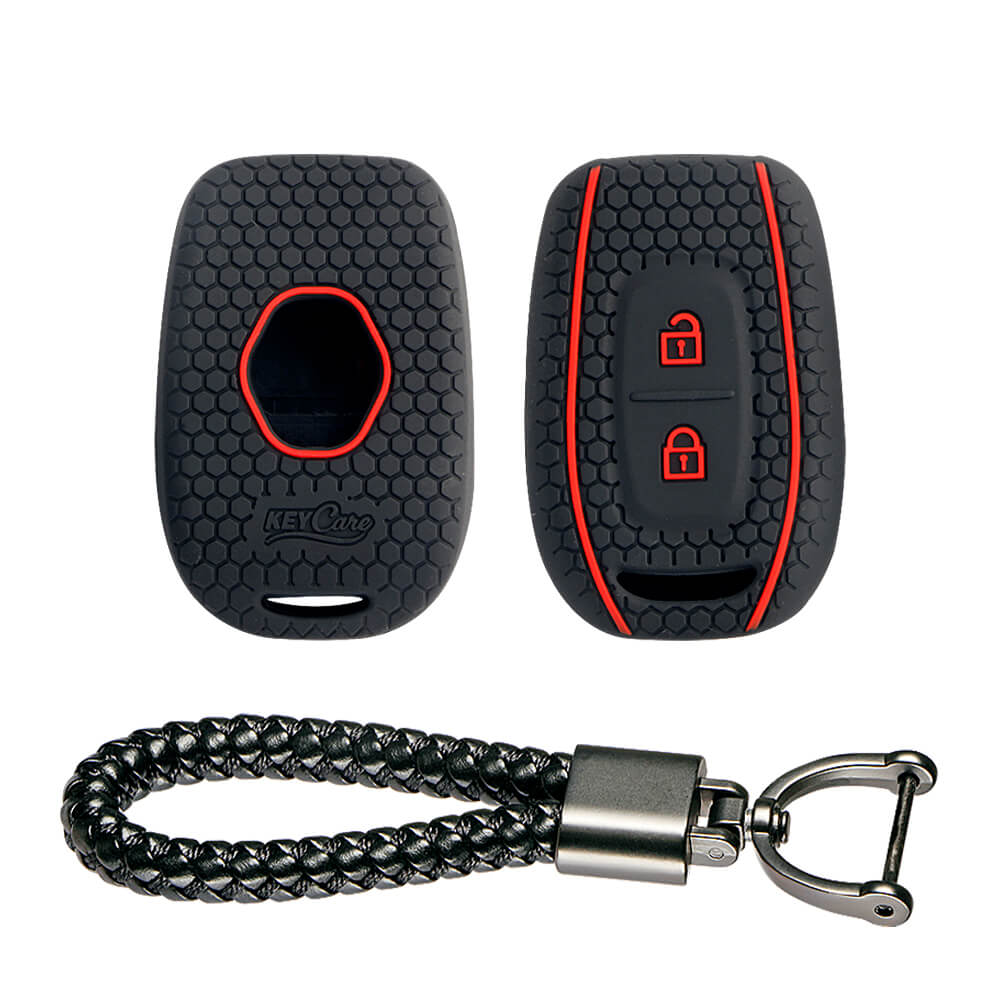 Keycare silicone key cover and keyring fit for : Kwid, Duster, Triber, Kiger remote key (KC-17, Leather Thread Keychain) - Keyzone