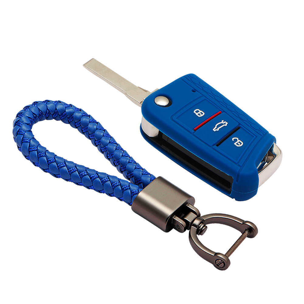Keyzone striped key cover and keychain fit for : Virtus, Tiguan, T-roc,taigun, New Jetta 3 button flip key (KZS-17, Leather Thread Keychain) - Keyzone