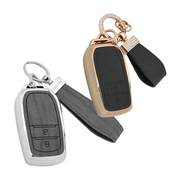 Keyzone Combo Pack – Woodgrain & Litchi Leather TPU Key Covers & Keychain (WDTP18_2b & BLTP18_2b) for Innova Crysta, Innova HyCross, Hilux 2 Button Smart Key