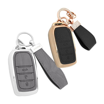 Keyzone Combo Pack – Woodgrain & Litchi Leather TPU Key Covers & Keychain (WDTP18_3b & BLTP18_3b) for Fortuner, Legender, Land Cruiser, Invicto 3 Button Smart Key