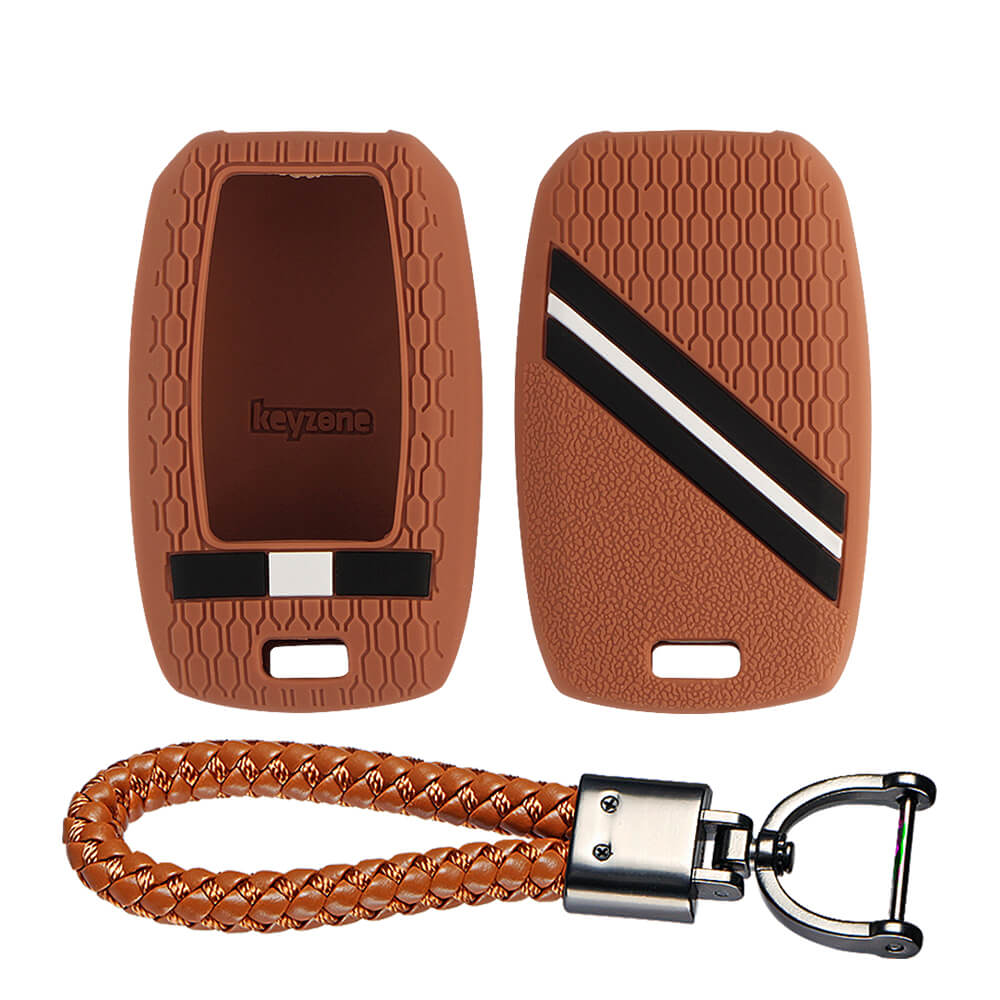 Keyzone striped key cover and keychain fit for : Seltos, Sonet, Carnival, Carens 3/4/5 button smart key (KZS-19, Leather Thread Keyholder))
