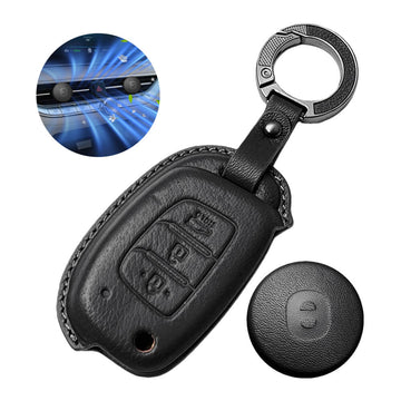 Keyzone Leather Key Cover & AC Vent Car Perfume with 4 fragrances for Hyundai i20, Creta, Venue, Tucson, Alcazar, Grand I10, Aura, Xcent, Exter 3 button flip key(PK10)