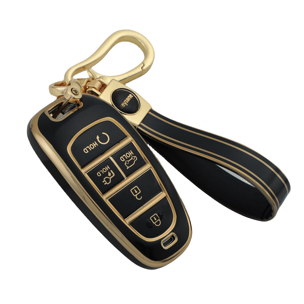 Keyzone TPU Car Key Cover & keychain Compatible for: Ioniq 5 smart key (KZTP_Ioniq5_LightGoldBlack_TPKeychain)