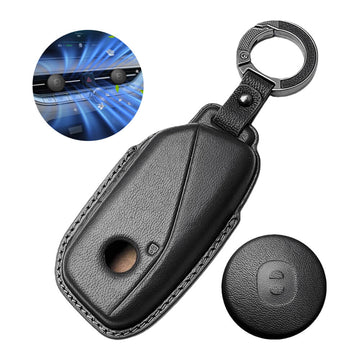 Keyzone Leather Key Cover & AC Vent Car Perfume with 4 fragrances for BMW 7 Series 740i 760i X1 X7 XM IX I7, X5 2023 Onwards 4 button smart key(PK83)