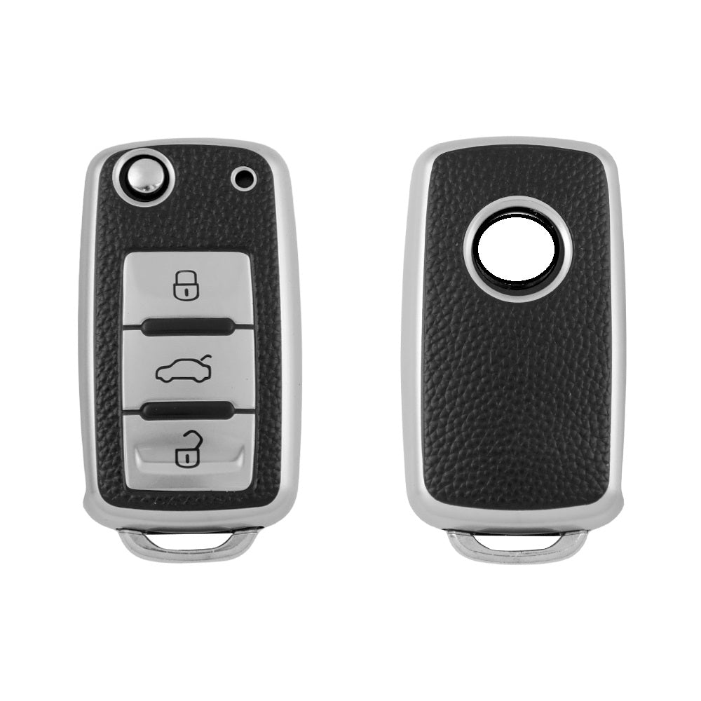 Keyzone leather TPU key cover & keychain for Polo, Vento, Jetta, Ameo 3 button flip key (LTPU13, LTPU Keychain) - Keyzone