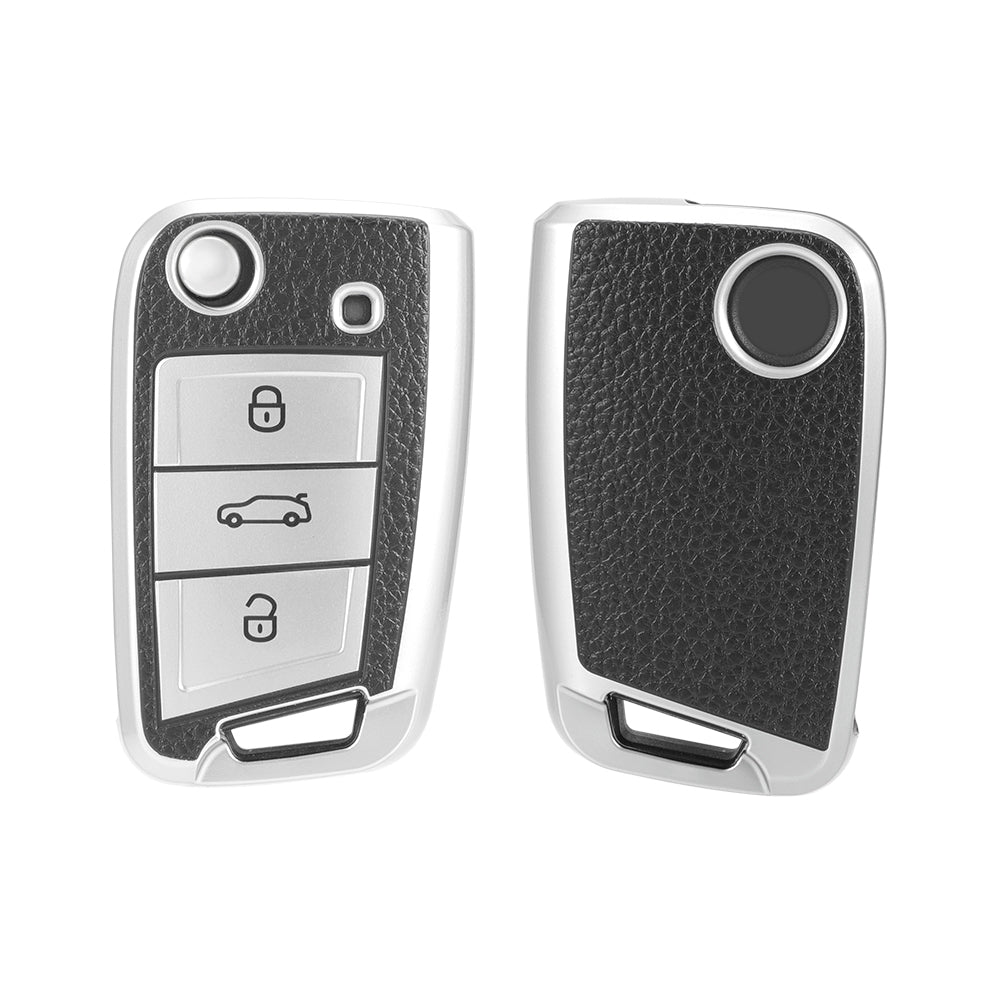 Keyzone leather TPU key cover fit for: Virtus, Tiguan, Taigun, T-Roc, Jetta 3 button flip key (LTPU44)