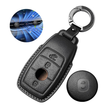 Keyzone Leather Key Cover & AC Vent Car Perfume with 4 fragrances for Mercedes Benz E-Class, S-Class, A-Class, C-Class, G-Class 2020 Onwards 4 button smart key(PK70)