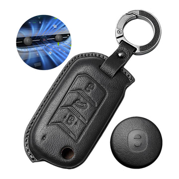 Keyzone Leather Key Cover & AC Vent Car Perfume with 4 fragrances for Mahindra Thar Roxx, Thar, Bolero, Scorpio, XUV700, XUV400, XUV3x0, XUV300, TUV300, Marazzo 3 button flip key(PK09)